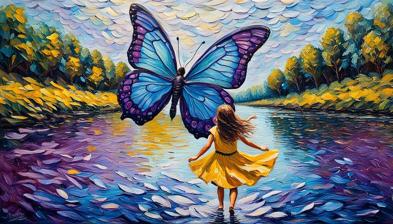 Girl on Butterfly in Neo-Impressionist Oil Painting