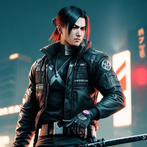 Cyberpunk Ninja Warrior with Katana and Shurikens