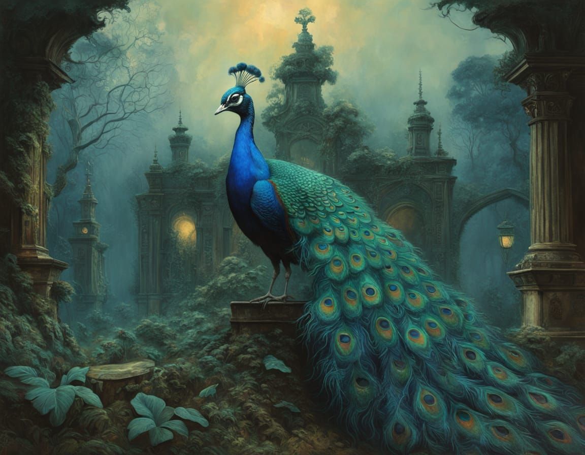 Opalescent Peacock in Bioluminescent Garden, Digital Art