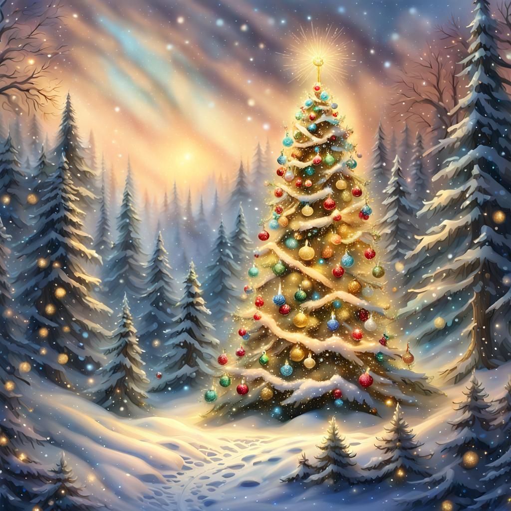 Festive Christmas Tree in Snowy Winter Wonderland