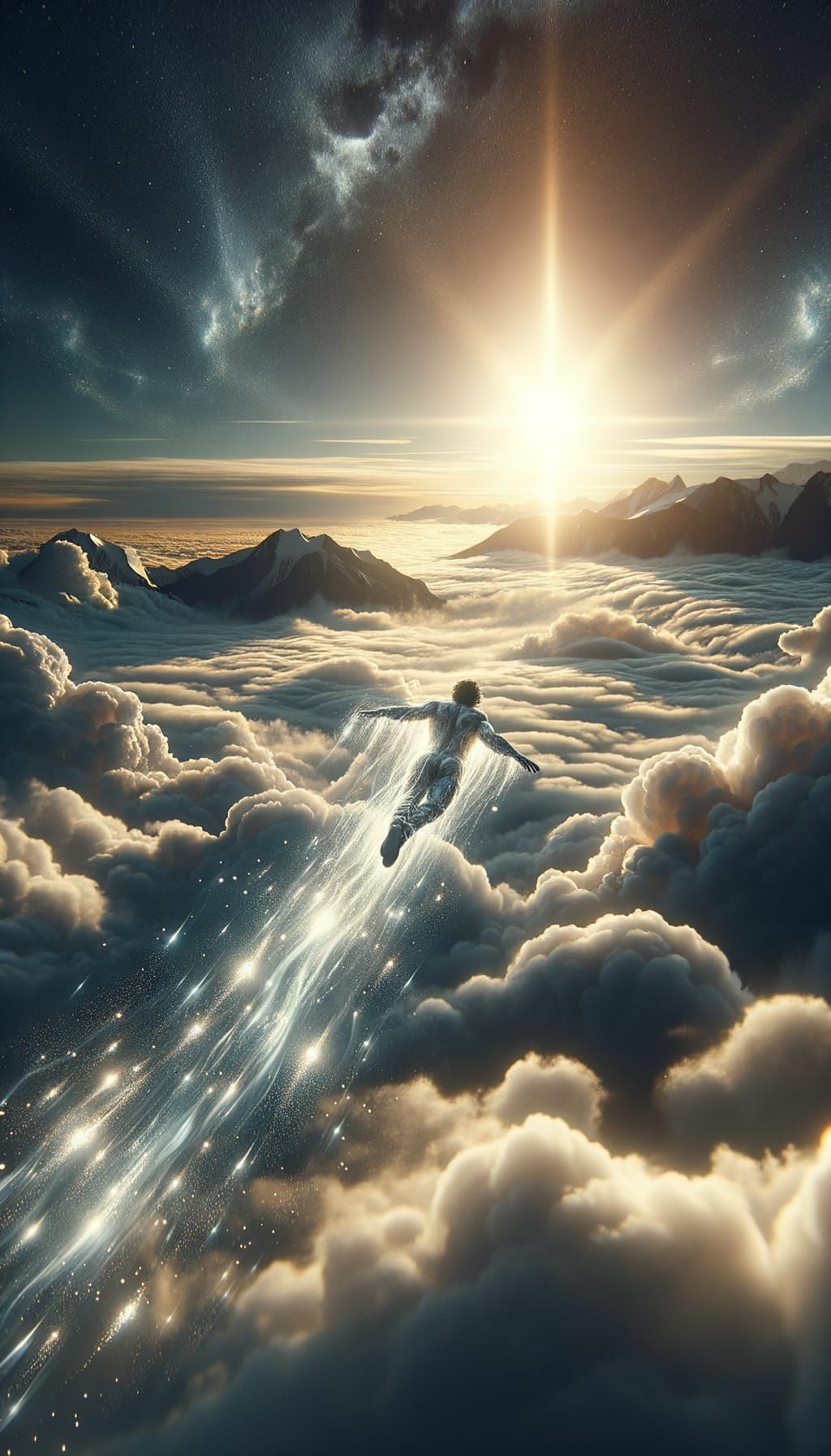 Man Diving into Clouds with Sunlight