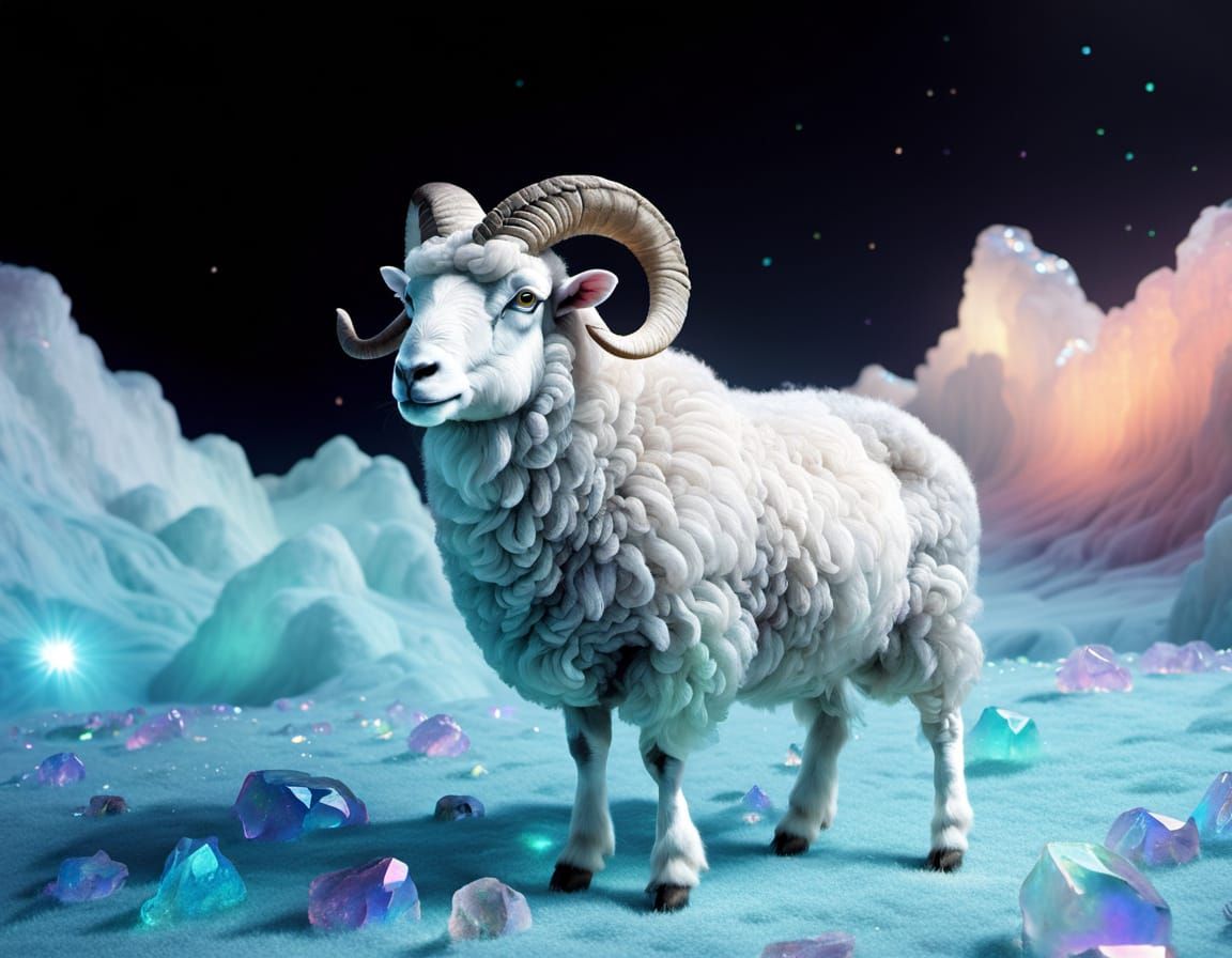 Magical Iridescent Ram in Crystal Landscape