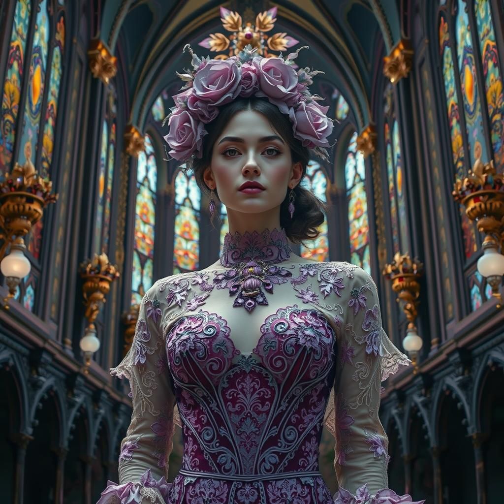 Victorian Gothic Lace Gown in Rich Plum Purple with Gold Acc...