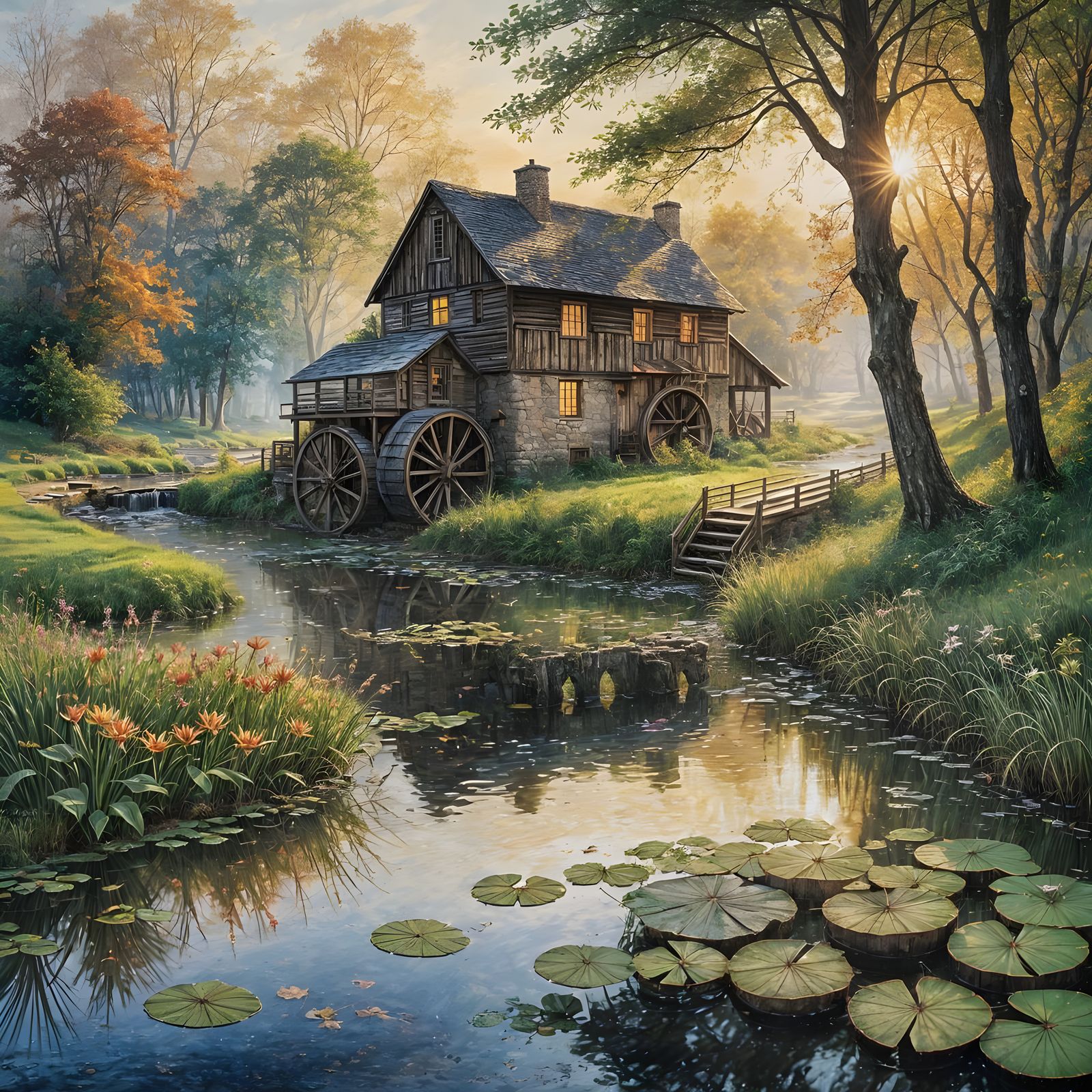 Rustic Watermill in Autumn Sunset Watercolor