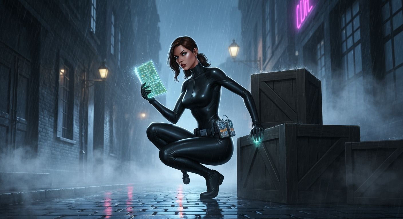 One-Legged Agent in Shadowy Alley, Retro-Futuristic Noir