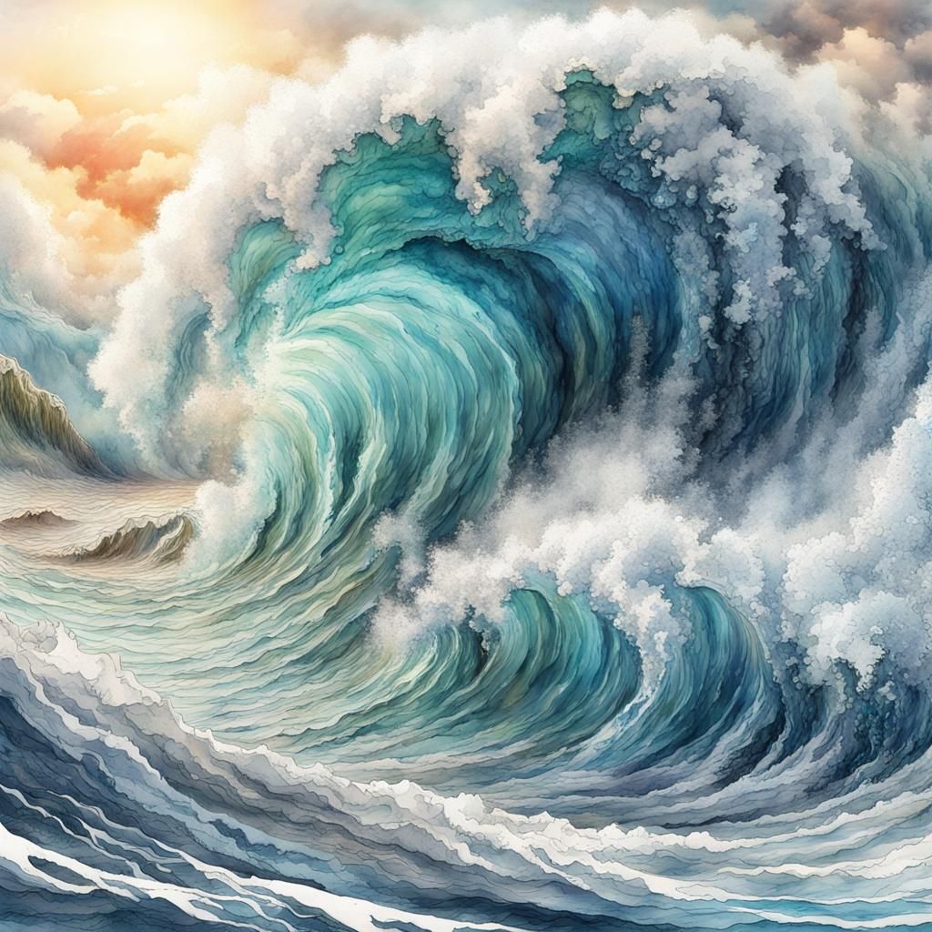 Massive Tidal Wave Watercolor and Ink Painting