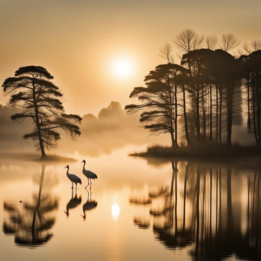 Japanese Cranes at Misty Sunrise Lake