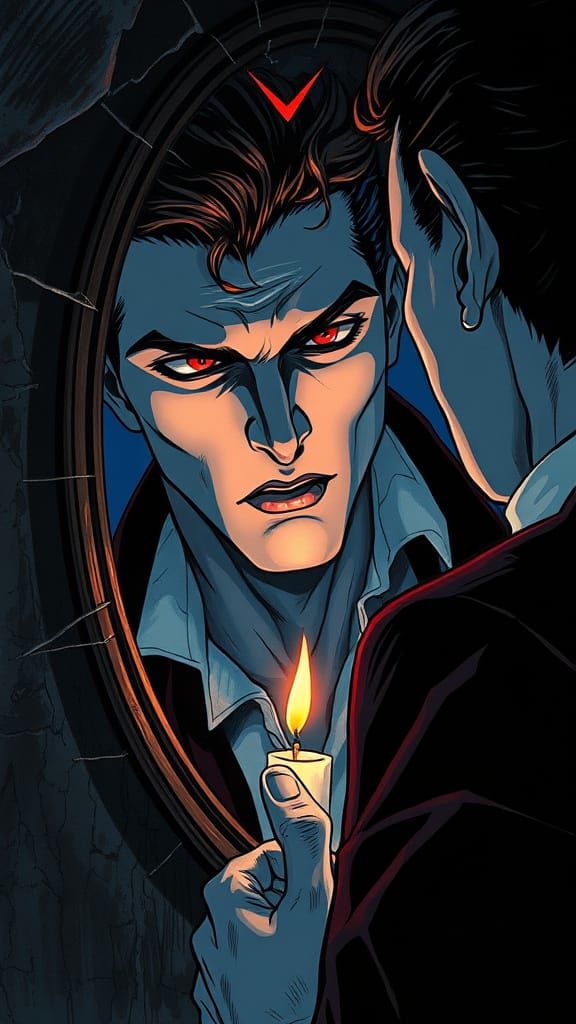 Elegant Vampire in 80s Anime Style Gazes into Cracked Mirror