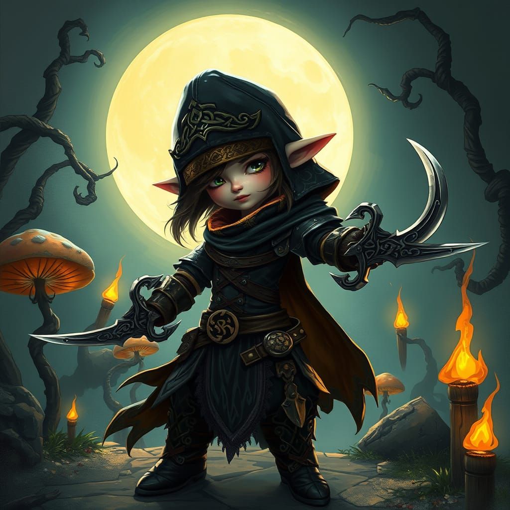 Moonlit Gnome Assassin in Dark Fantasy Style