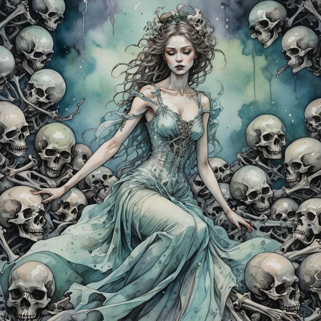 Dancer on Skulls in Watercolor Ink Splash Art