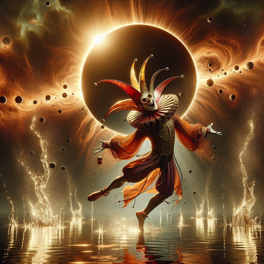 Jester wearing eclipse glasses dancing in front of solar eclipse