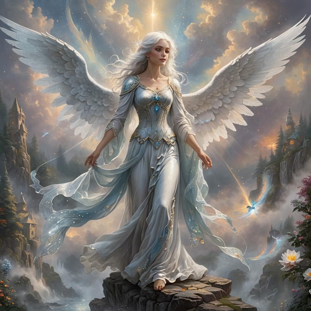Ethereal Angel Woman with White Hair in Fantasy Art
