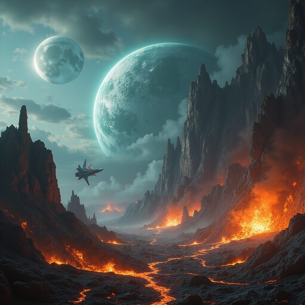 Spaceship Laser Battle Over Primordial Earth Landscape