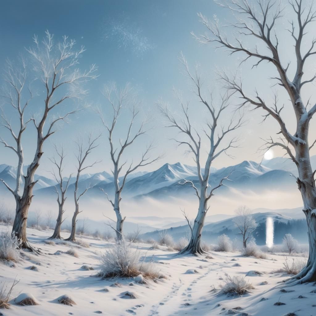 Frozen Landscape Oil Painting in Winter Wonderland