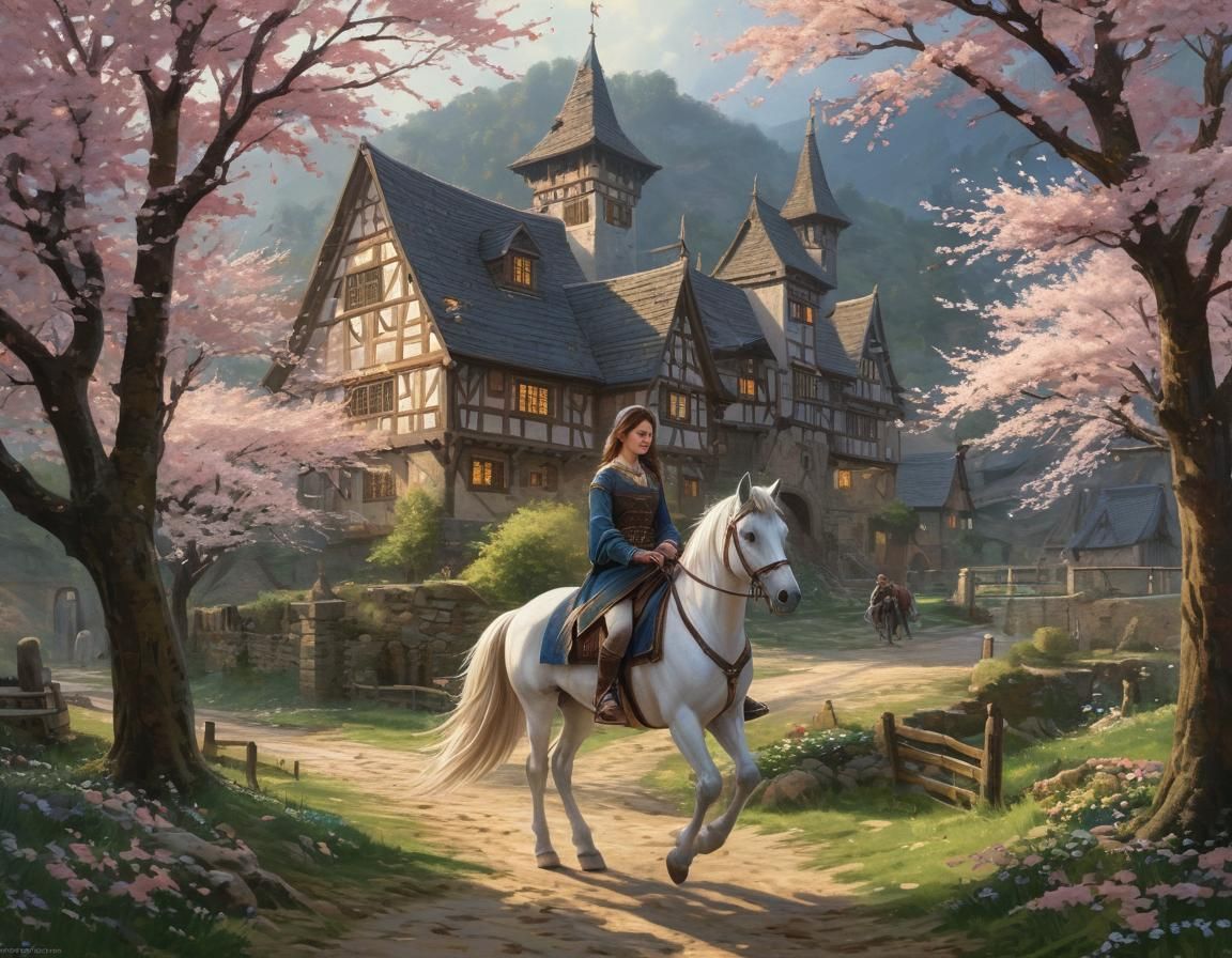 Medieval Girl Rides Horse Through Cherry Blossom Valley