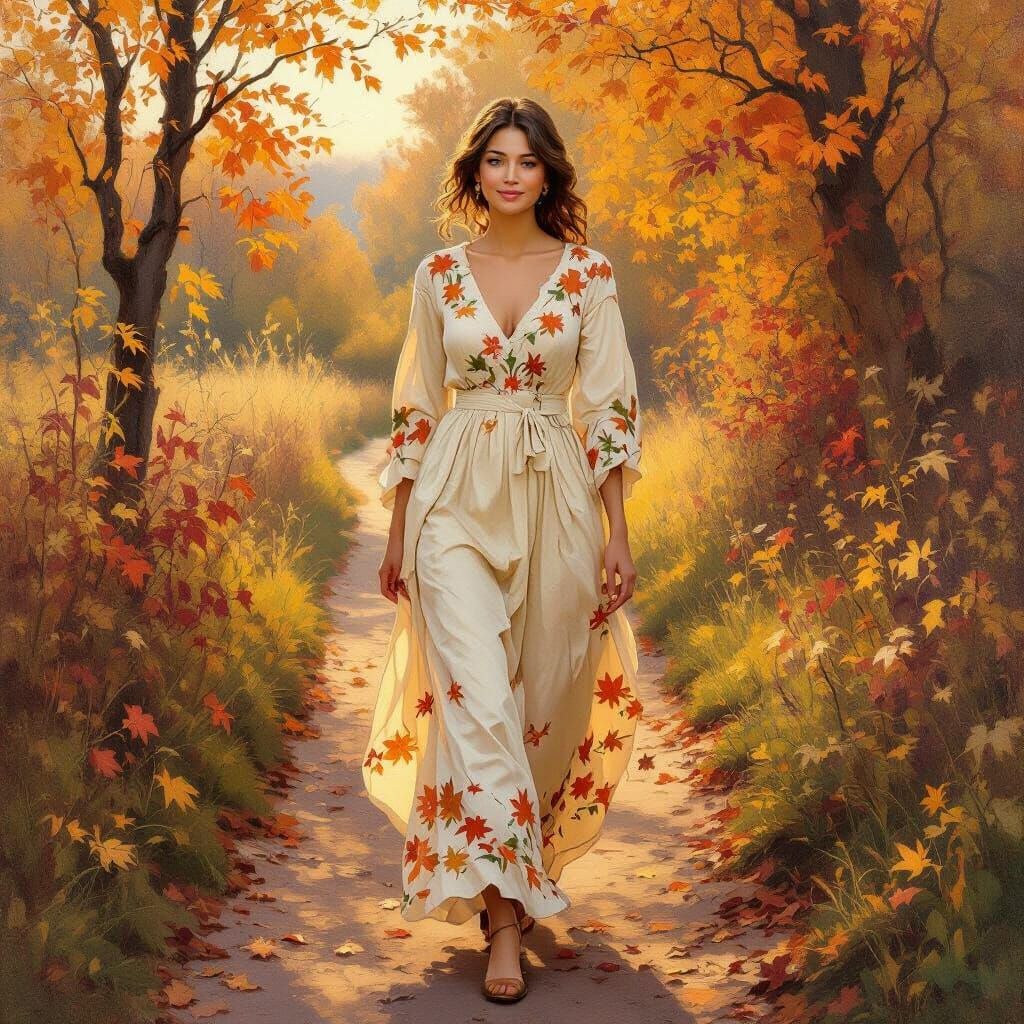Woman in Cream Dress on Autumn Path