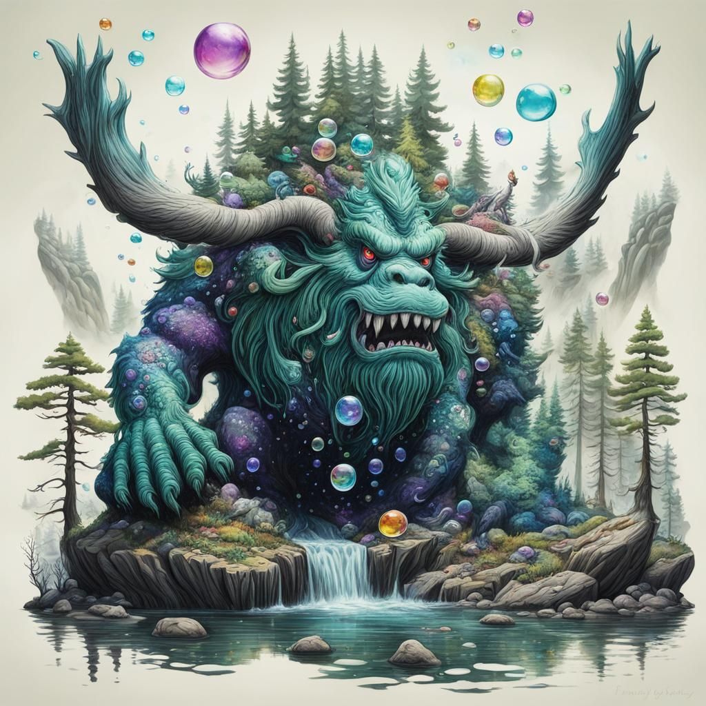 Humorous Monster Bathing in Creek: Fantasy Art