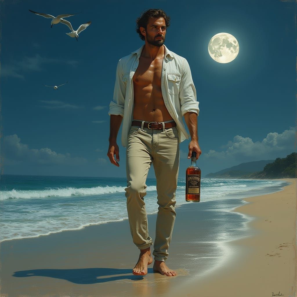 Rugged Man Walks Moonlit Beach with Whisky