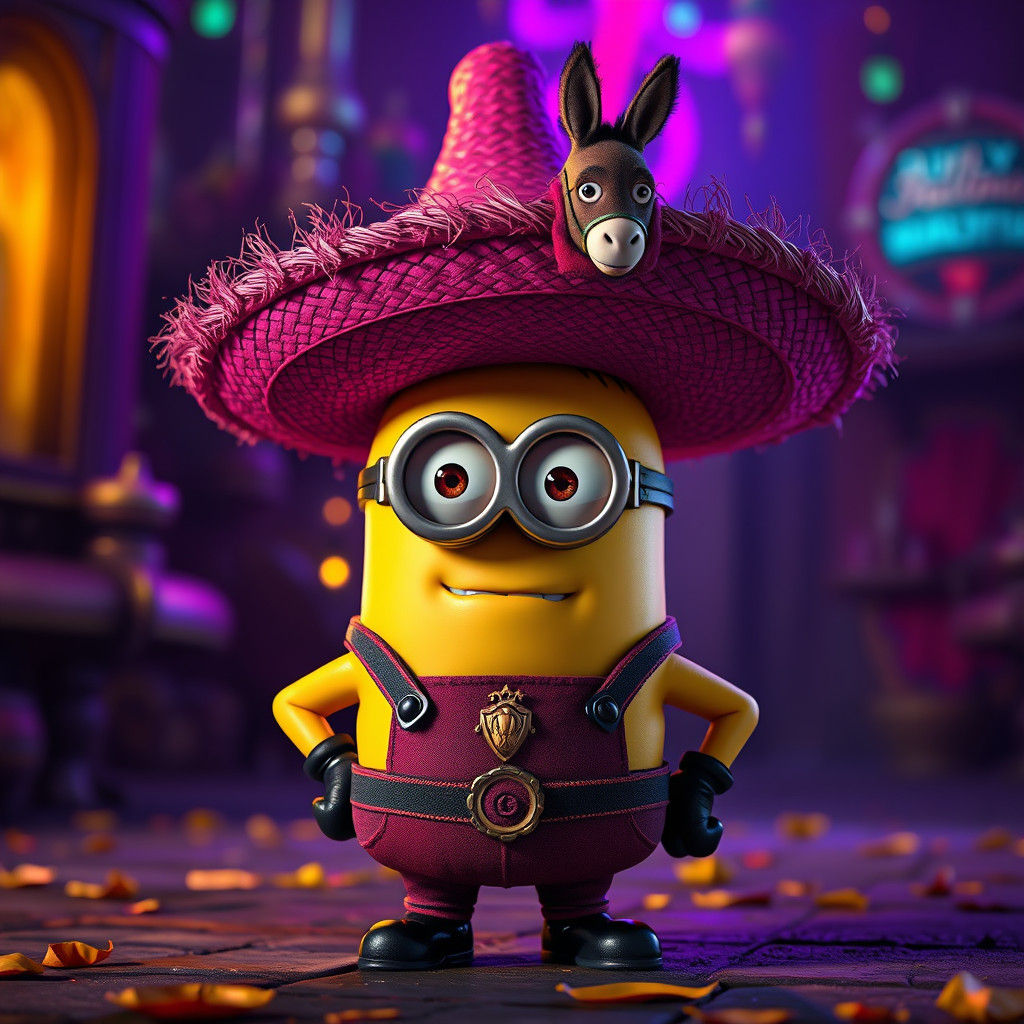 Minion in Sombrero with Donkey, Dark Fantasy Art