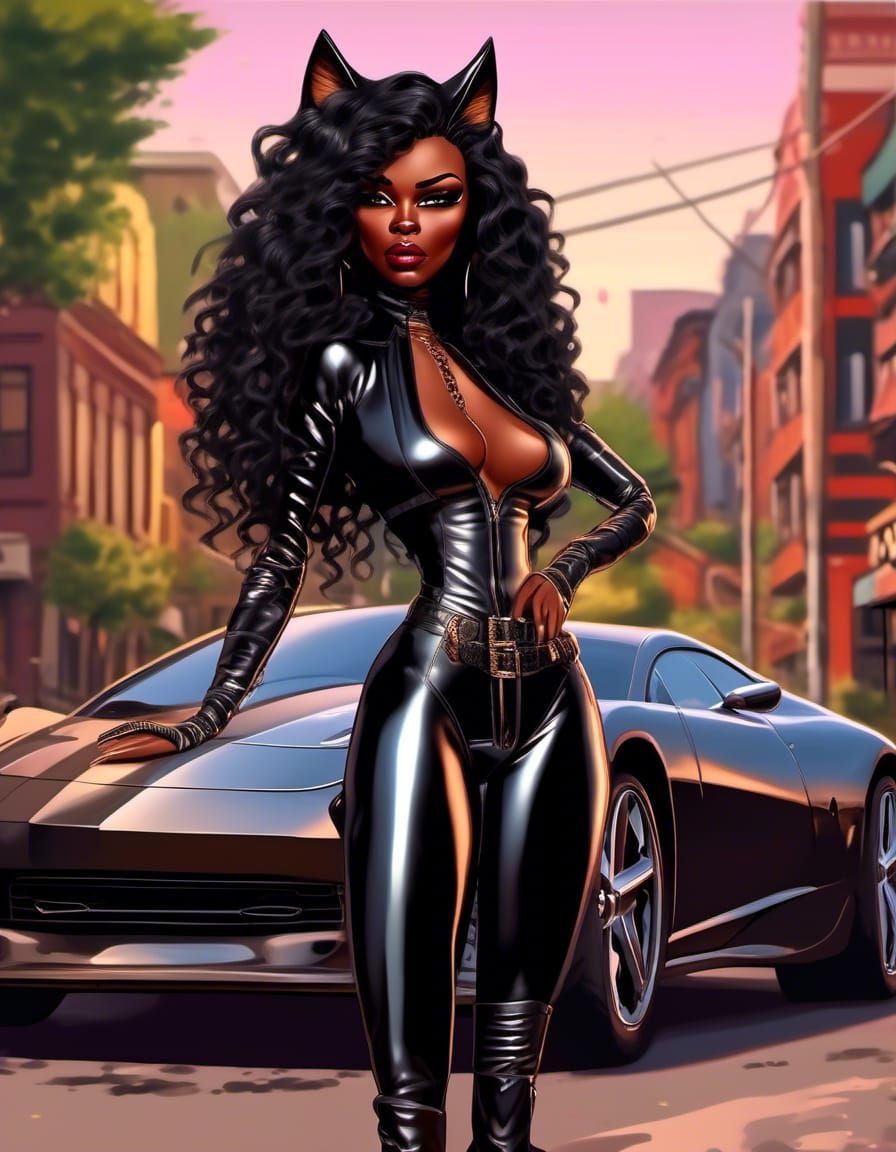 Glamorous Catwoman Caricature Strutting to Sports Car
