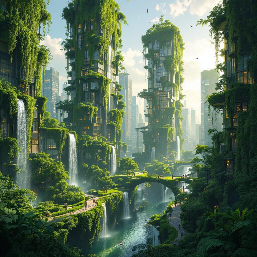 Futuristic City Reclaimed by Nature in Golden Sunlight