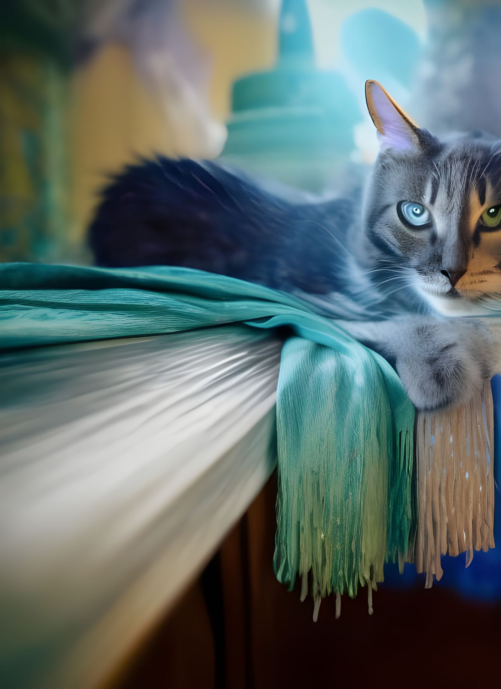 Cats on Antique Furniture with Silk Embroidery