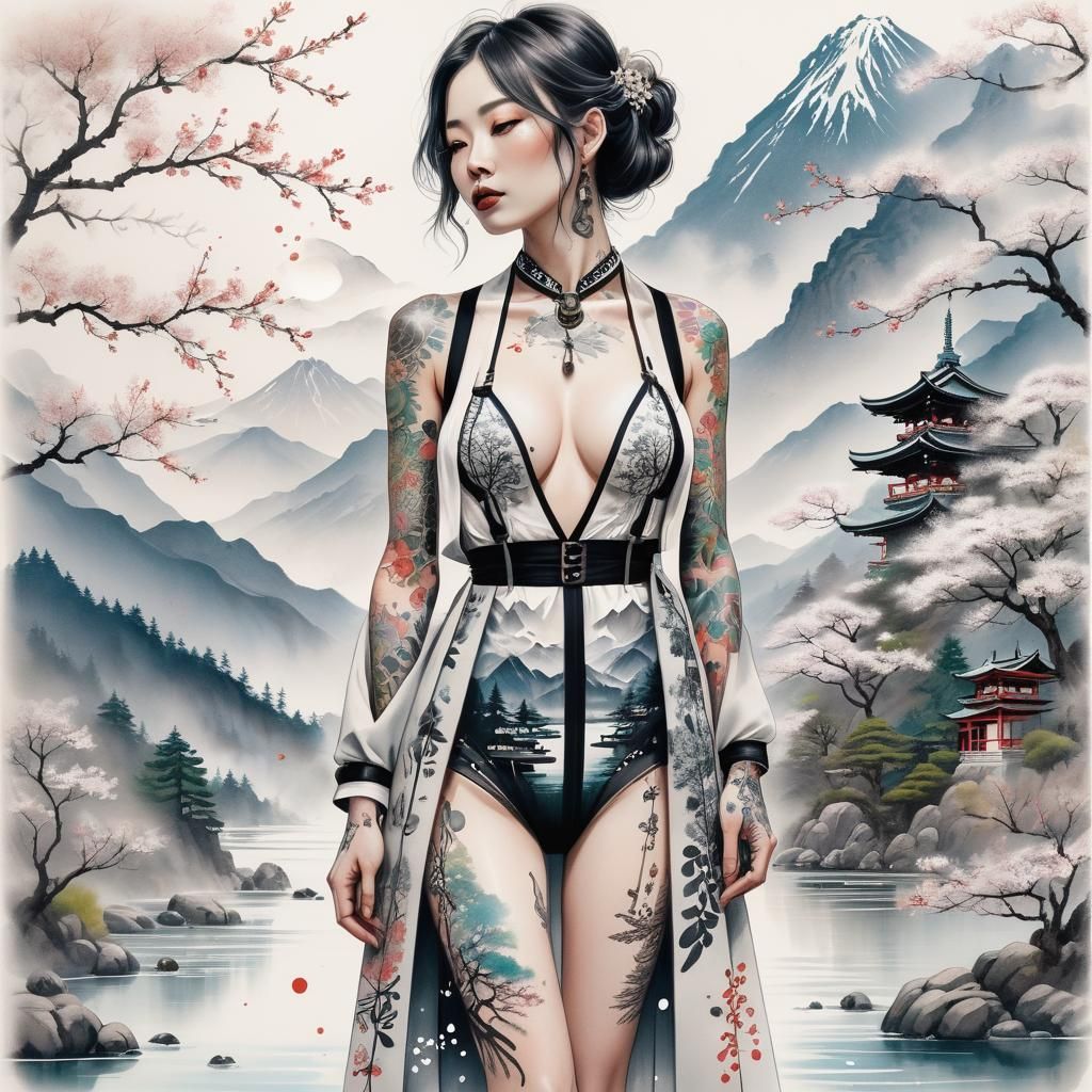 Woman with Tattoos in Japanese Landscape, Minimalist Pencil ...