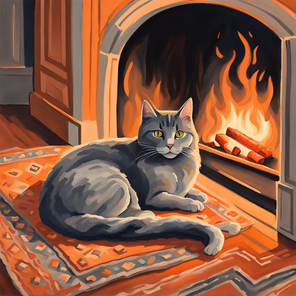 Cosy Domestic Scene with a Grey Cat in Warm Lighting