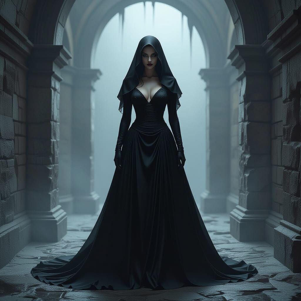 Mysterious Woman in Gothic Shadows, in Dark Fantasy Style