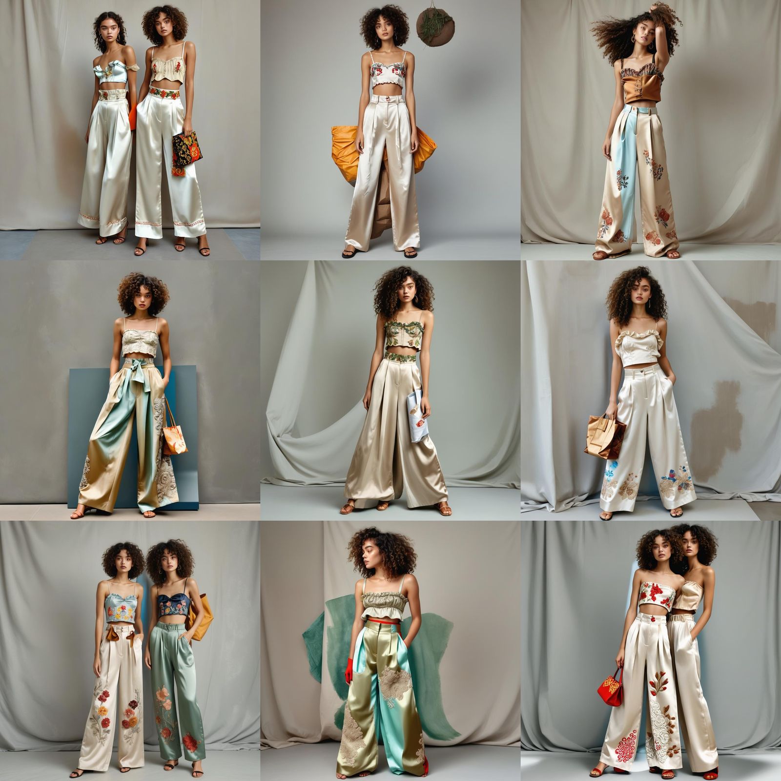 Boho-Chic Model in Satin Embroidery and Palazzo Pants