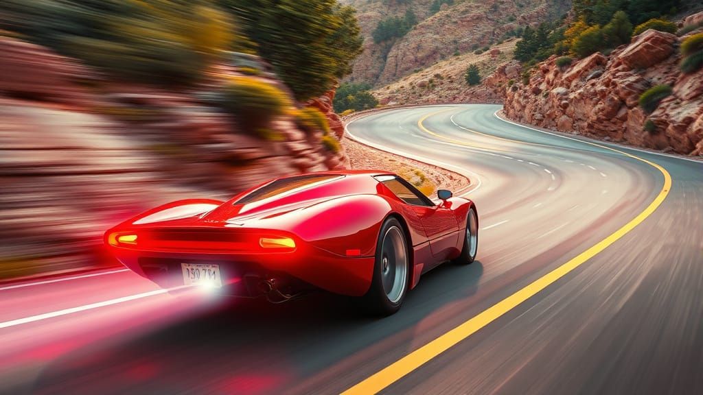 Sleek Cherry-Red Sports Car on a Winding Highway