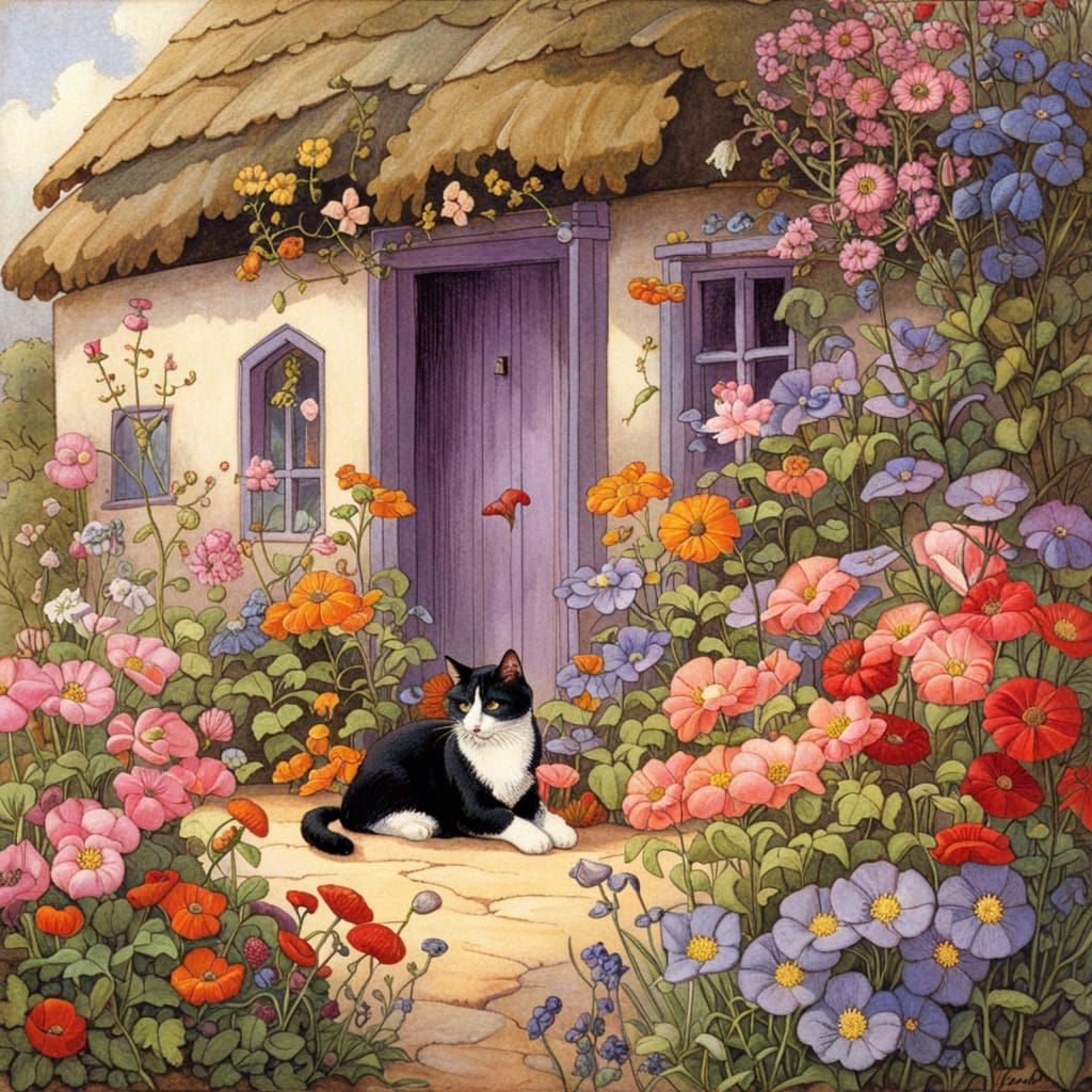 Cozy Cottage with Sleeping Cat, Cottagecore Style