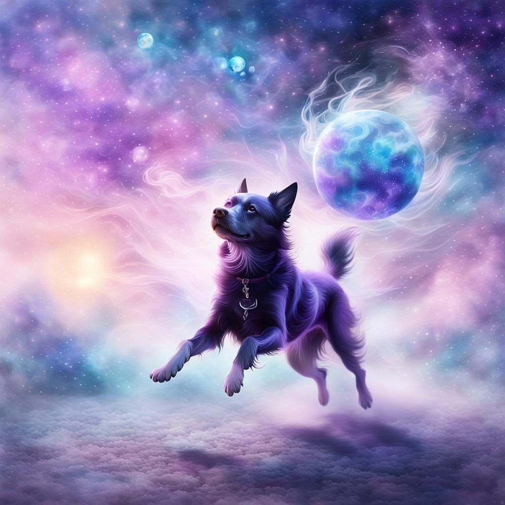 Purple Spirit Dog Chasing Mist Ball in Watercolor Style