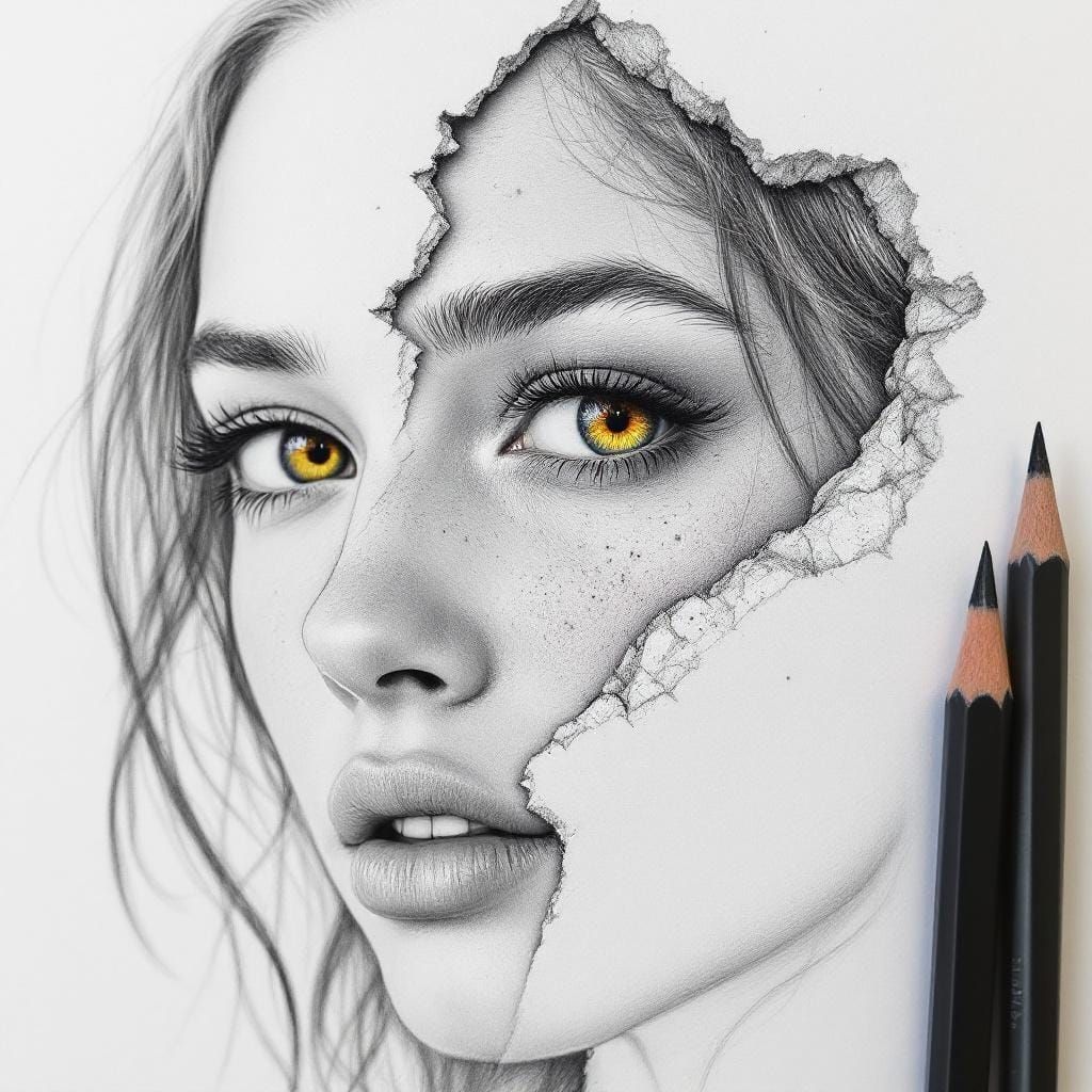 Surreal Portrait: Pencil Sketch with Photorealistic Eye