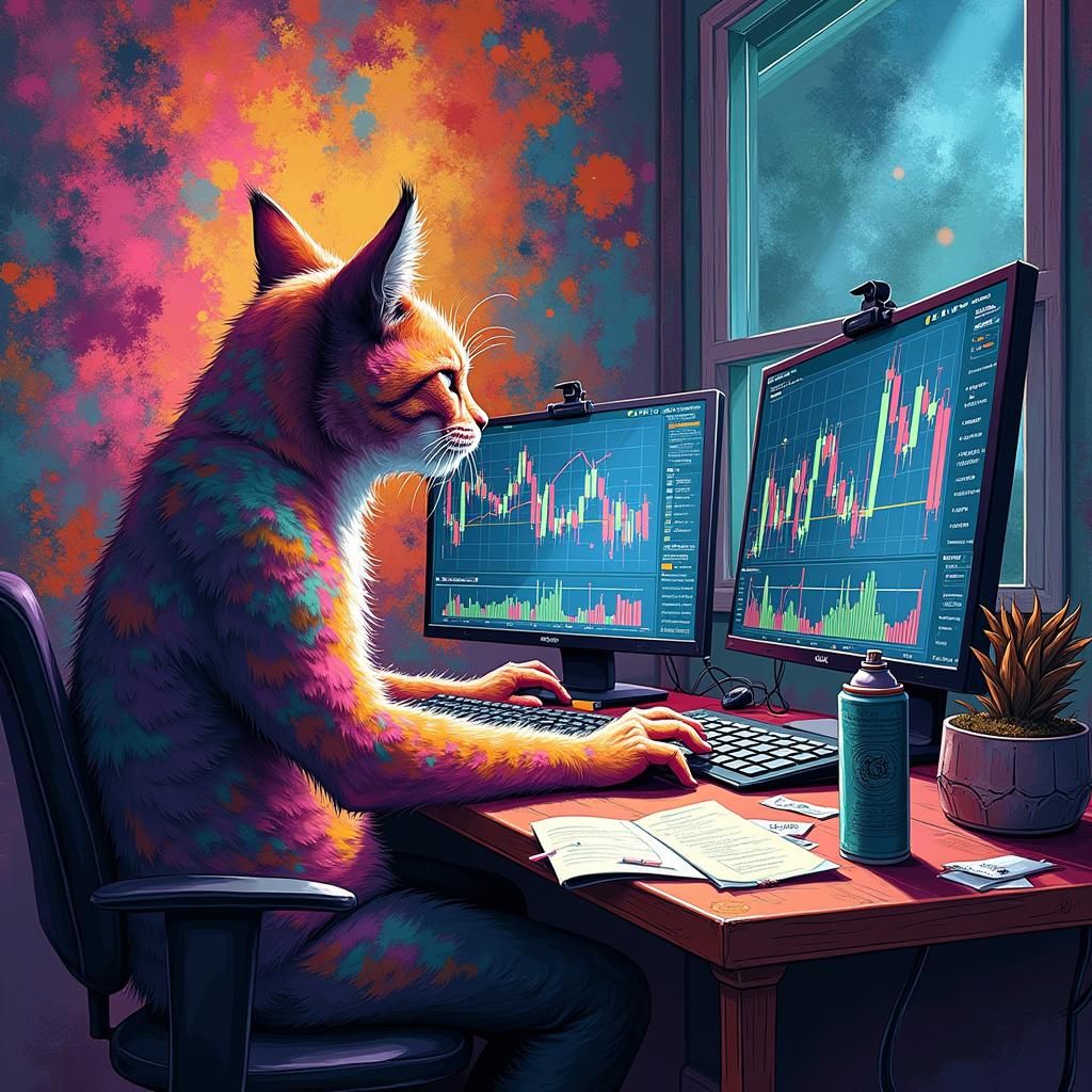Psychedelic Cat Crypto Trader in Street Art Style