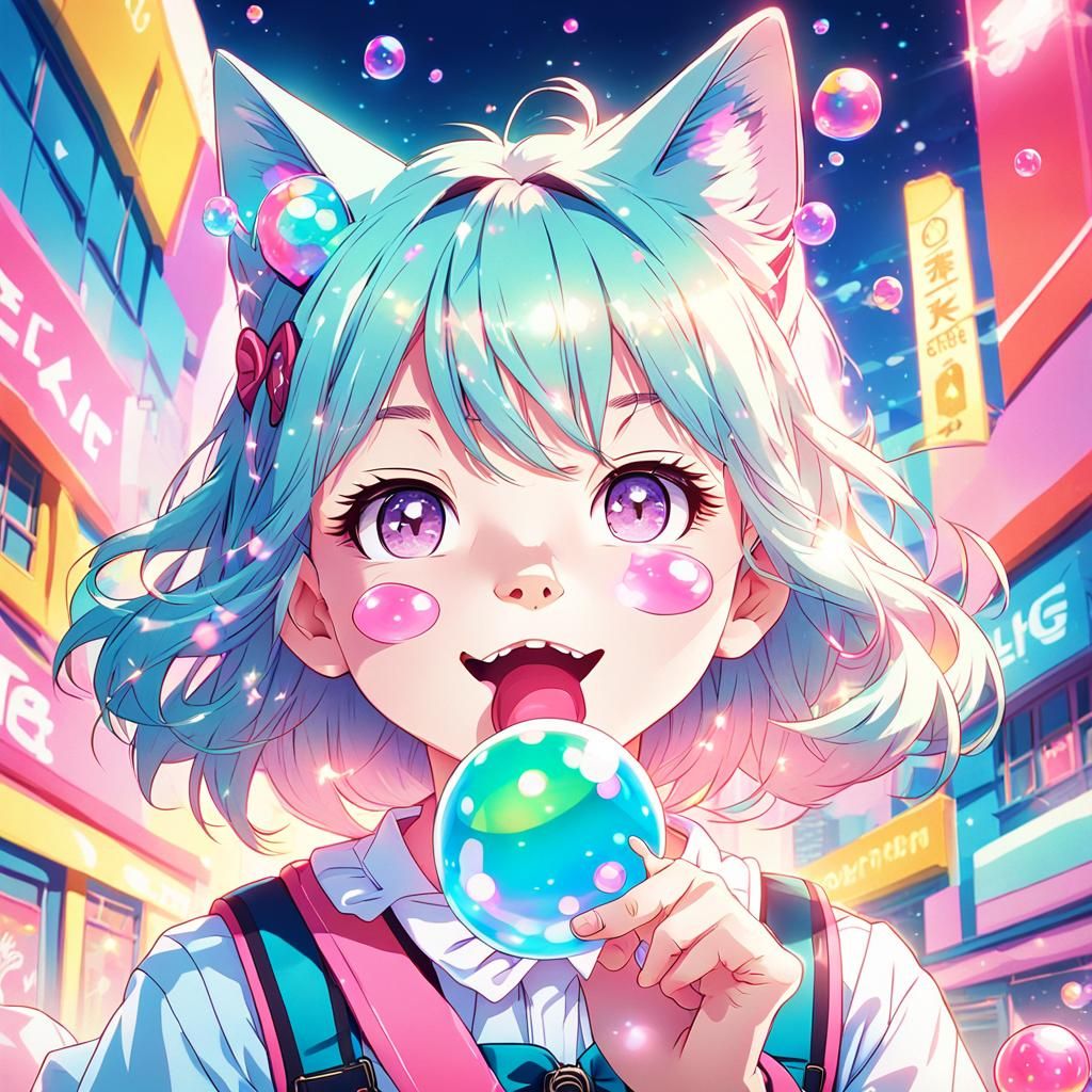 Anime Schoolgirl Cat Blowing Pink Bubblegum