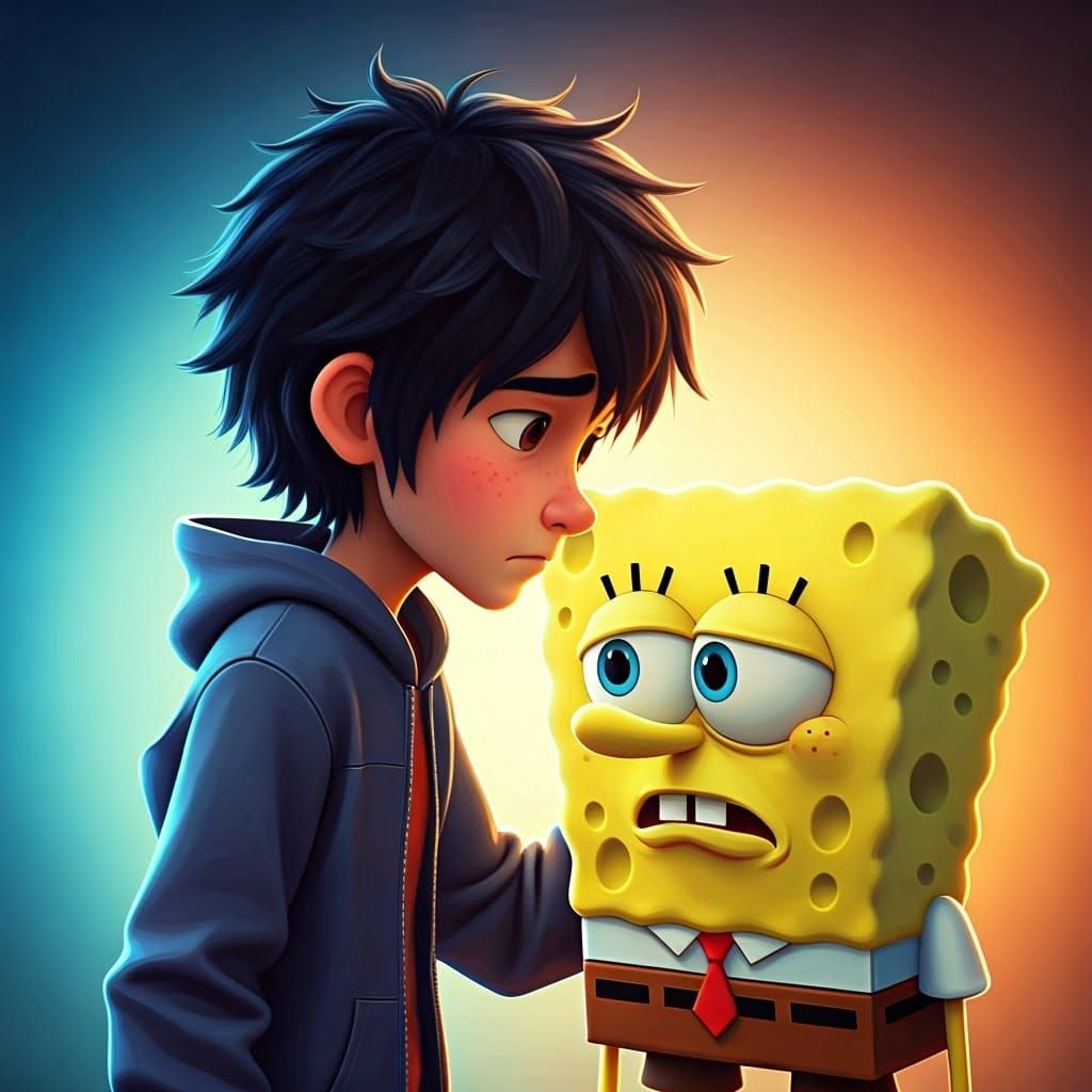 Cinematic Digital Art of Hiro and SpongeBob's Concerned Mome...
