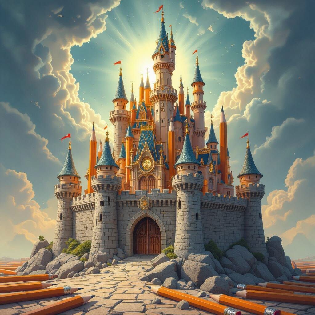 Pencil Castle Transforms into Stone in Ethereal Digital Art