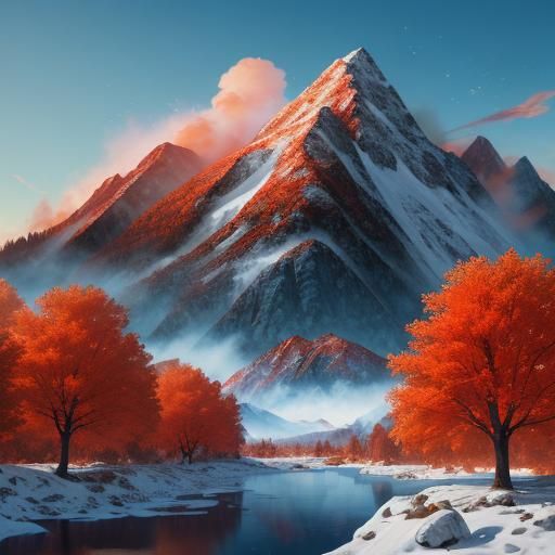 Fiery Autumn Trees Meet Snowy Mountains