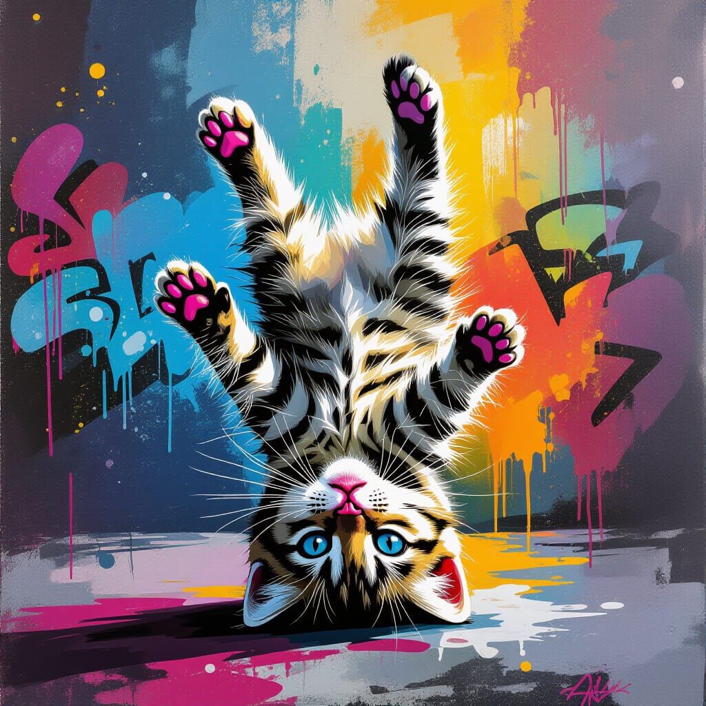 Playful Kitten Handstand in Graffiti Street Art Style