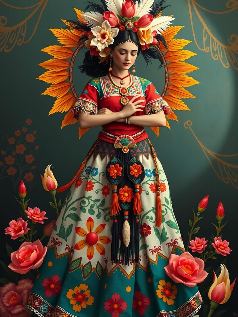 Xochiquetzal: Mexican Goddess in Surreal Folk Art Style