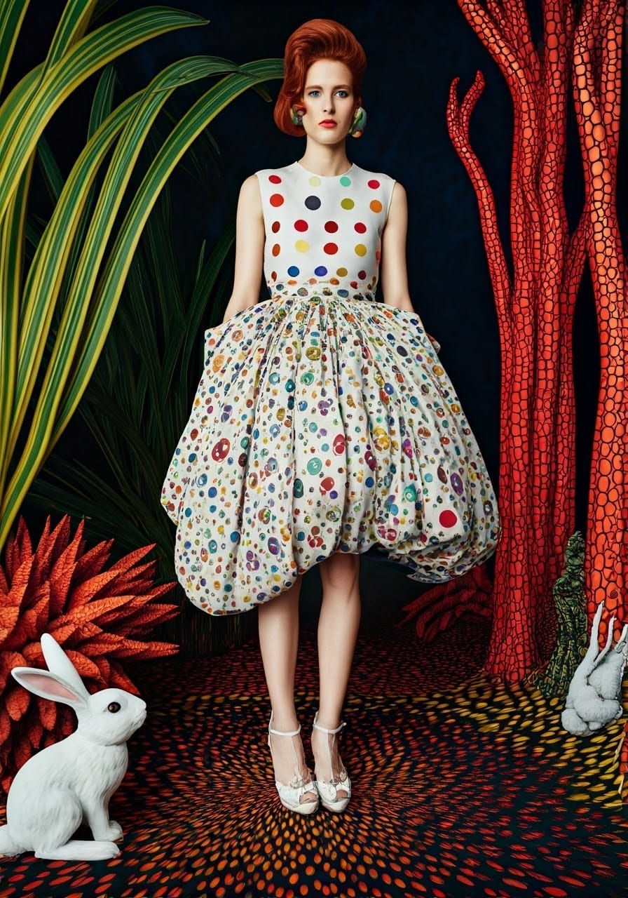 Model in Polka-Dot Dress, Whimsical Pop Art Style