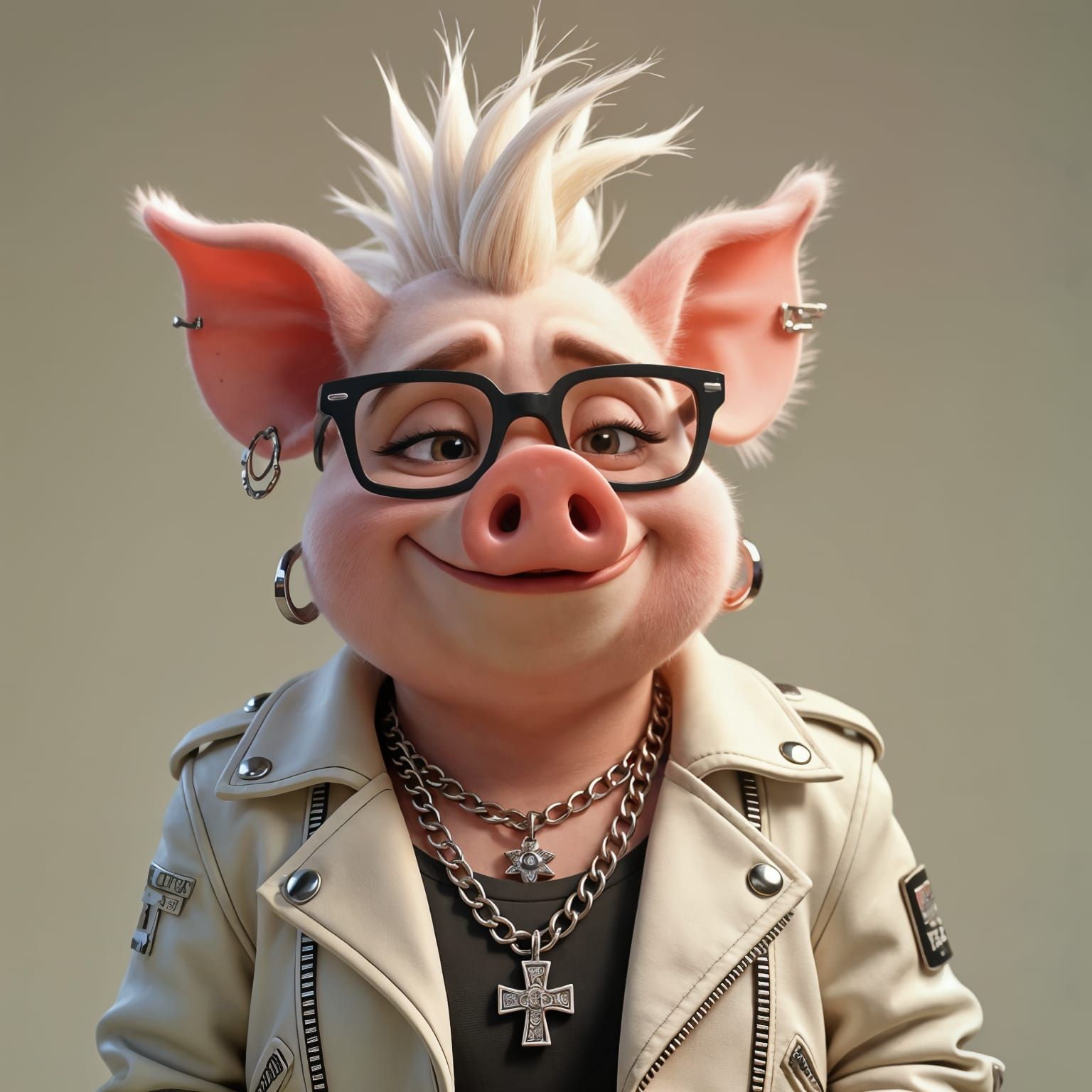 Anthropomorphic Pig Portrait with Mohawk and Chrome Spikes