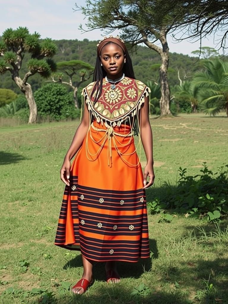 African Woman in Traditional Orange Dashiki Dress in Lush Gr...