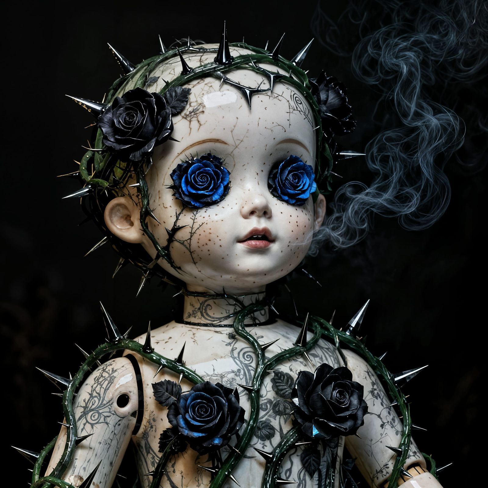 Gothic Doll with Rose Eyes and Obsidian Thorns