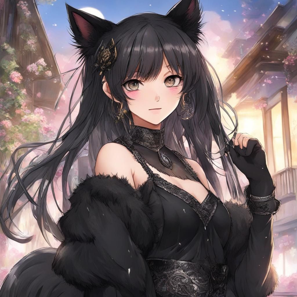 Anime Neko Girl with Black Hair and Cat Ears