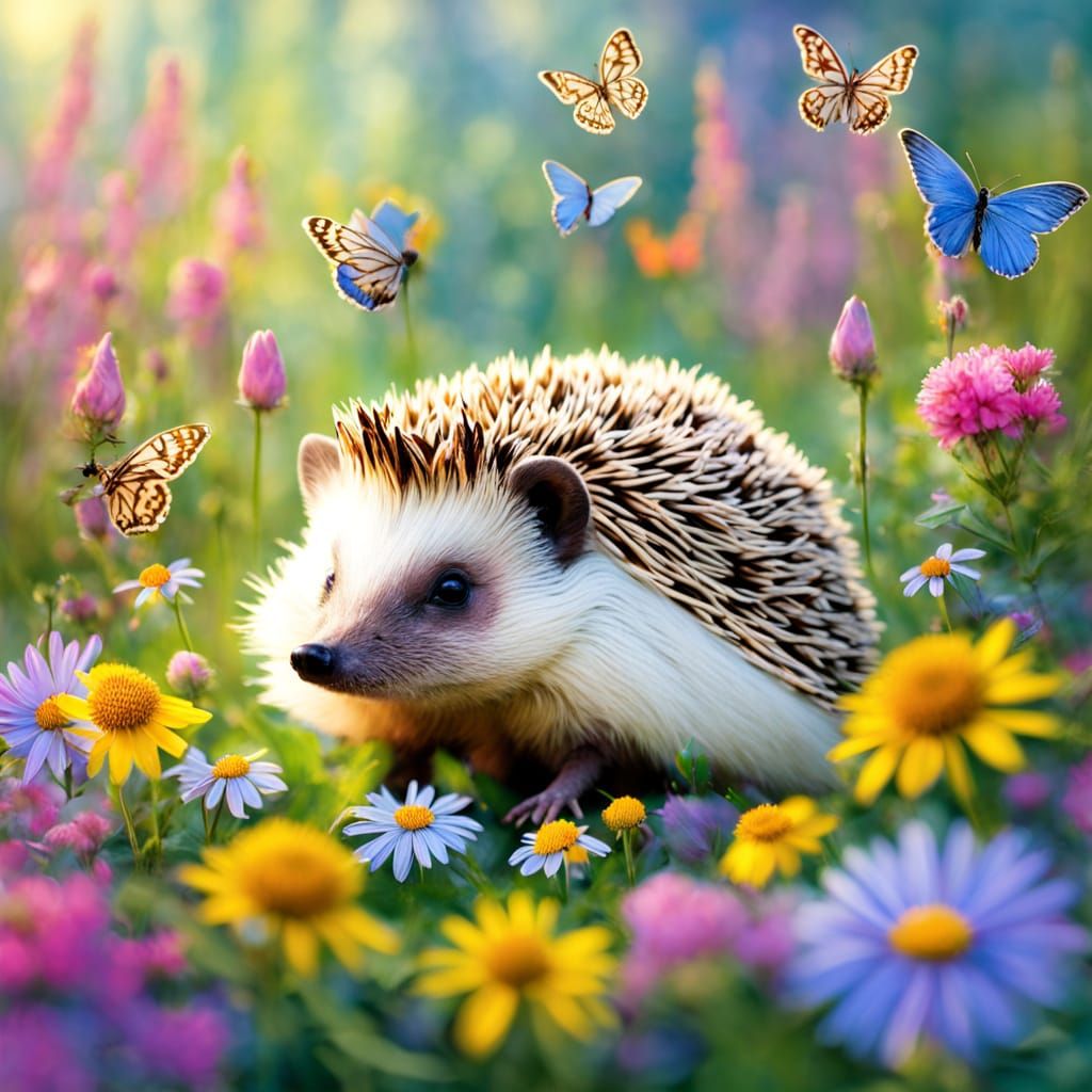 Whimsical Dreamscapes: Hedgehog in a Vibrant Flower Bed