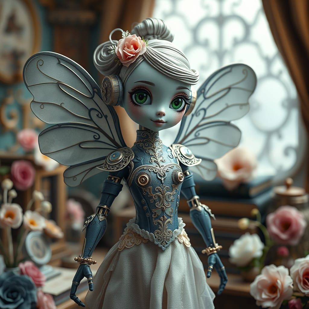 Mini Steampunk Robot with Intricate Floral Details