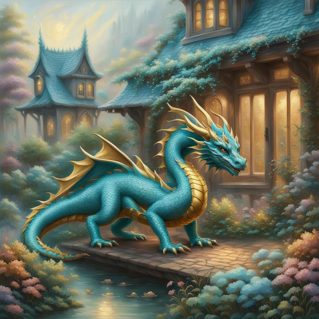 Turquoise and Gold Dragon in Garden, Ethereal Fantasy