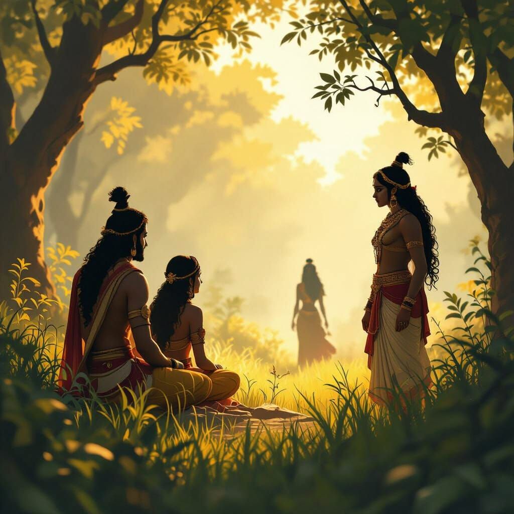 Rama, Sita, and Lakshmana in Forest, Stalenhag Style